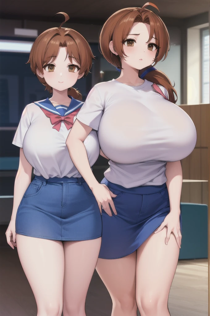 (masterpiece, best quality), 1girl,    deliaketchum, brown hair, (brown eyes:1.7), parted bangs, (ahoge:1.5), ponytail, low ponytail, mini shirt, pink mini shirt, short sleeves, mini skirt, blue mini skirt, mini skirt,enormous massive gigantic big large fat absurde breasts 