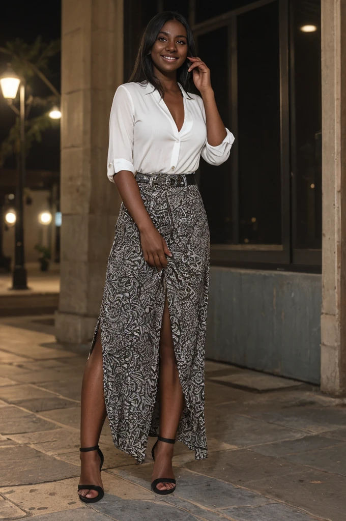 Asha, 1girl, solo, (((Ebony))), (((Dark skin))), (((SFW))), (((non-explicit))), 30 years old, (mature), wearing white printed blouse and Cardigans and Maxi Skirts, upper body shot, smiling, upper body and upper legs, medium long hair, outside Town Squares at night