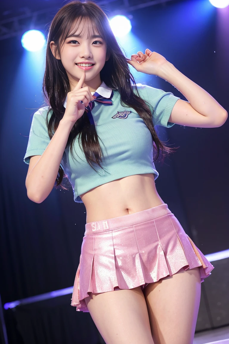 (8k), (highest quality: 1.2), (Realistic), (Realistic: 1.37), Ultra-high resolution, 1 girl, cute, (Embarrassed smile:1.2), (Blushing:1.4)Mouth closed, Beautiful details, Beautiful Nose, Wet Hair, Giant Dulcefo, pork, Thighs,Navel exposed,University Student Uniform,A simple ノースリーブシャツ,Pleated skirt,Platform boots,Dancing on the school stage,(Shiny Thighs:1.2),Medium Shot,Thick thighs,