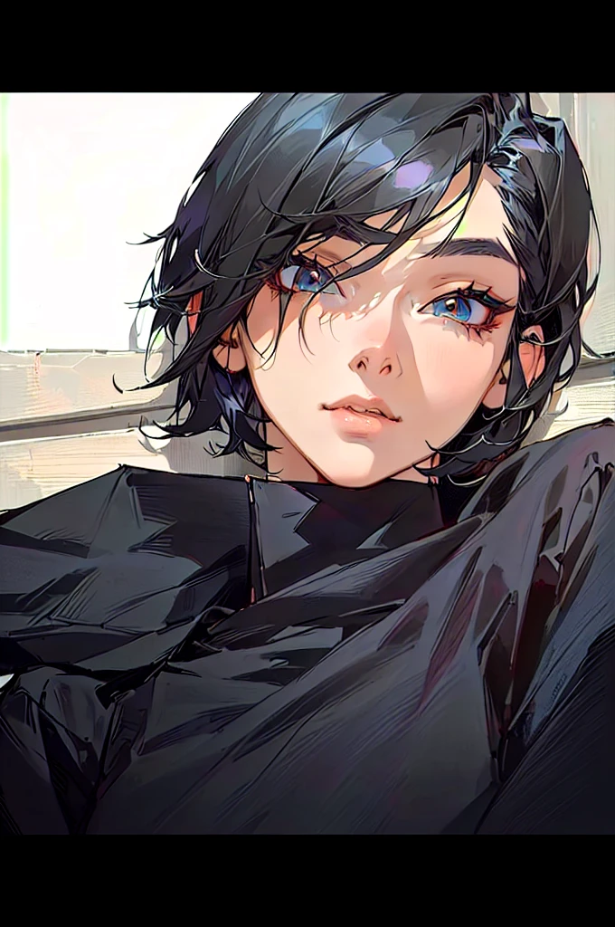 there is a anime woman with a black shirt and a cell phone, with short hair, androgynous, androgynous person, androgynous face, 🤤 girl portrait, with accurate face, potrait, androgyny, 18 years old, old picture, with black hair, close up potrait, by :5 sexy: 7, sexy face