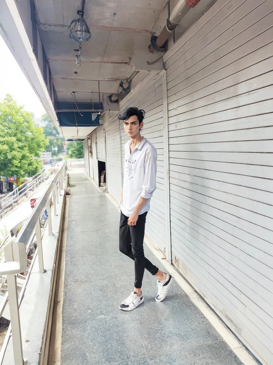 masterpiece, (best quality:1.4), portrait Solo, young male, man, european, blue eyes, black hair, pony tail, pale skin, casual plain clothes, serious eyes