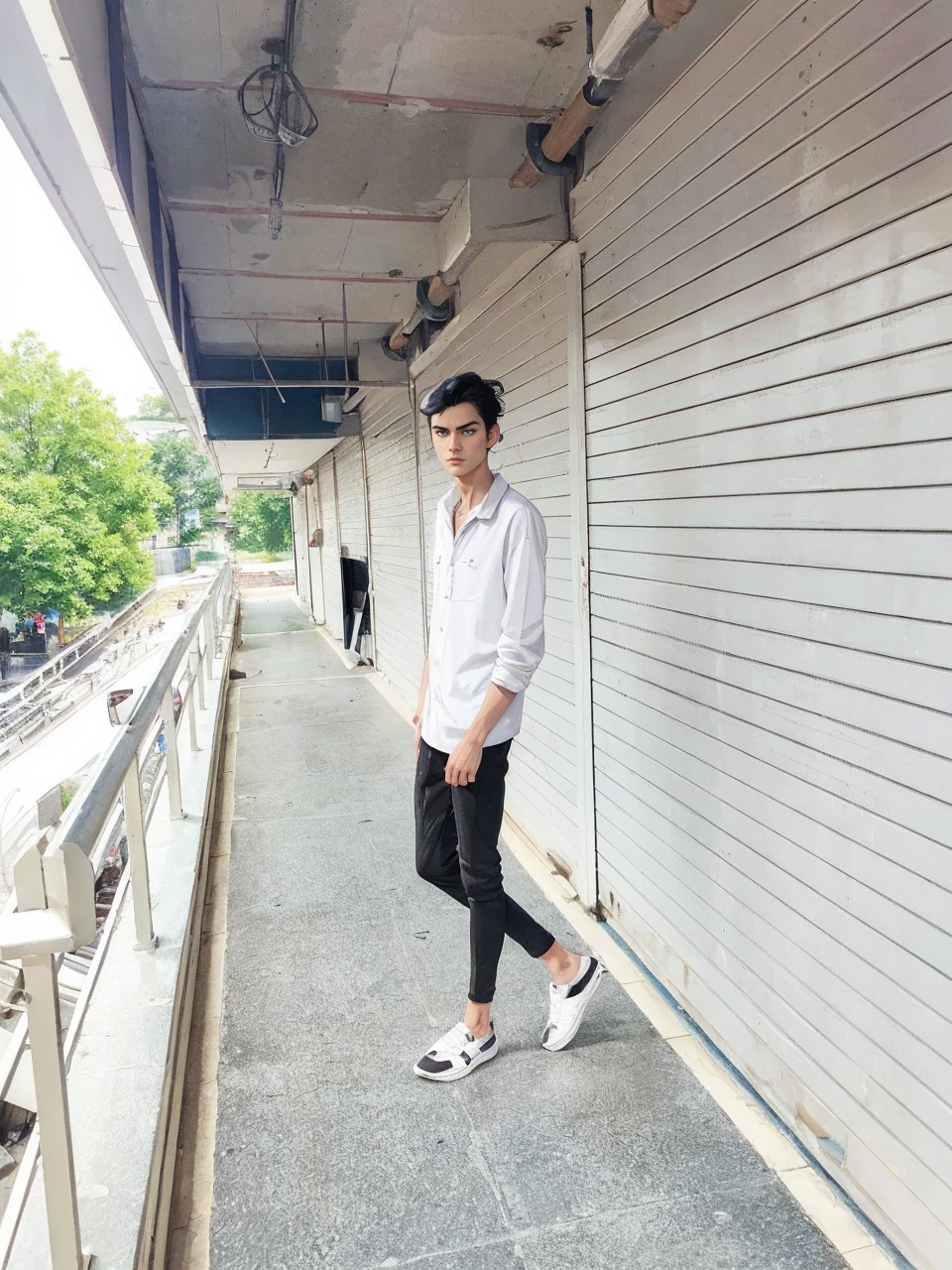 masterpiece, (best quality:1.4), portrait Solo, young male, man, european, blue eyes, black hair, pony tail, pale skin, casual plain clothes, serious eyes