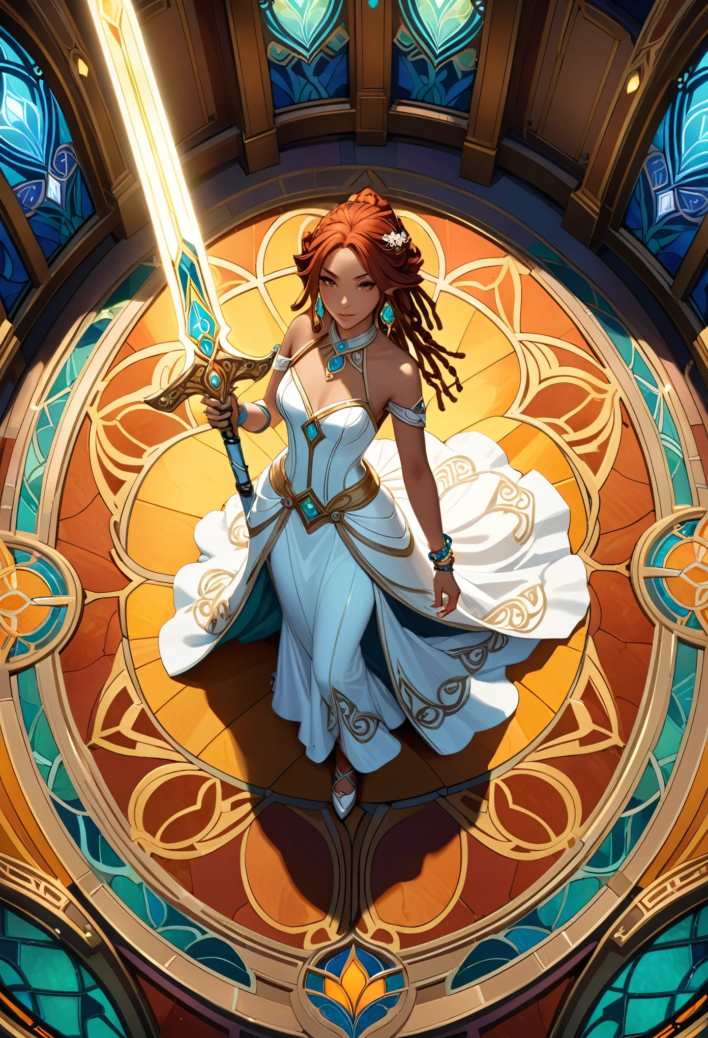 (((Overhead View:2.0))),full body, telephoto lens, abstract background, masterpiece, best quality, official art, extremely detailed CG unity 8k wallpaper, highly detailed, female, elf, hair over shoulder, dreadlocks, ribbon, bracelet, drop earrings, jewelry, wedding dress, holding (((((glowing greatsword)))), theater, stain glass, genshin impact, illustration, ((art nouveau))
