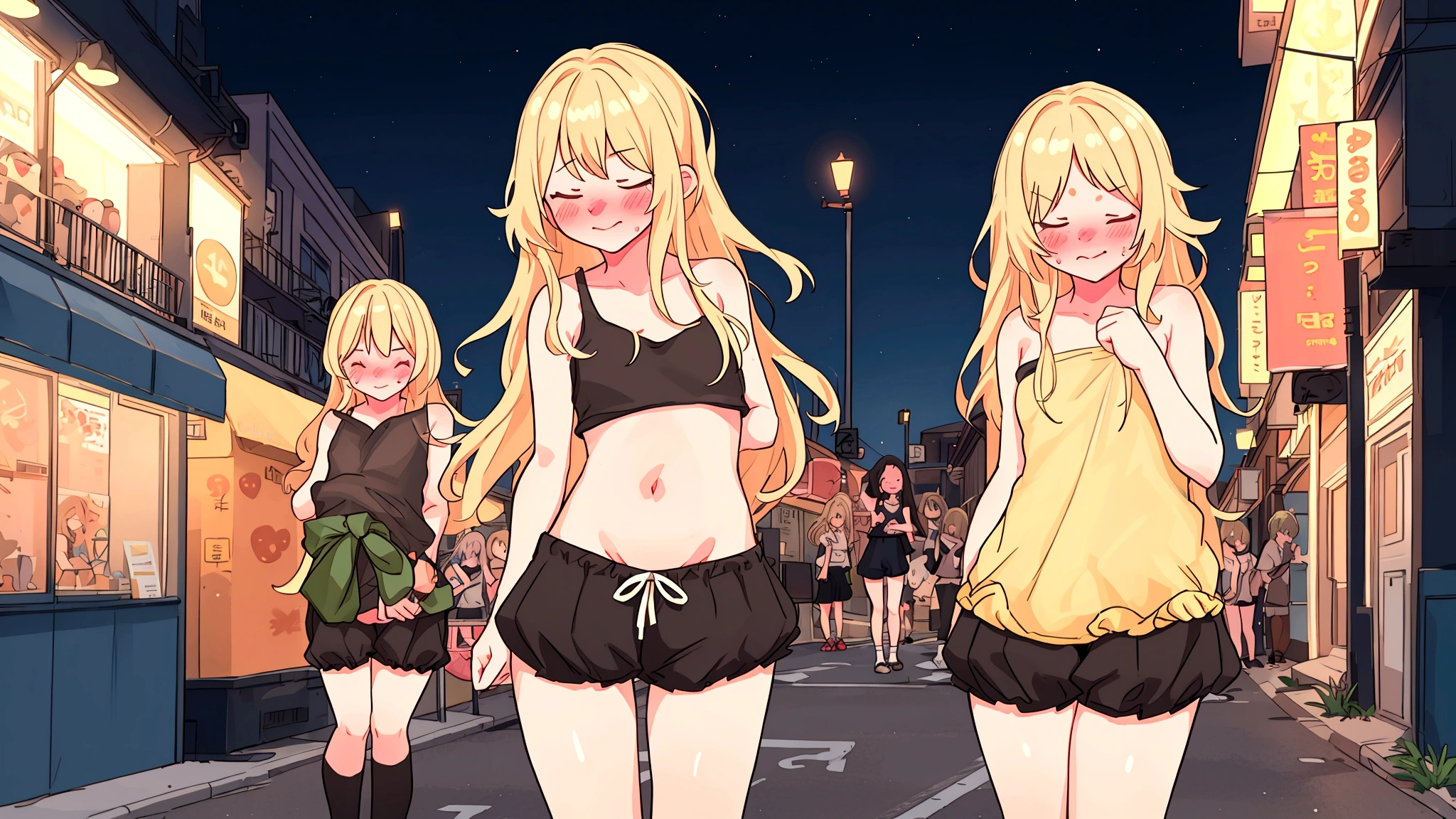 Browsing Caution,(One Girl:1.5),blonde,Very long hair、Messy Hair、Flat Chest,Tank top,Cut out,High leg shorts,pantyhose,(Perfect hands),(Perfect Anatomy),(masterpiece),(Highest quality),(Embarrassing:1.5),blush,Embarrassed laugh,Downtown at night,Backstreets,Street Light Information Topless