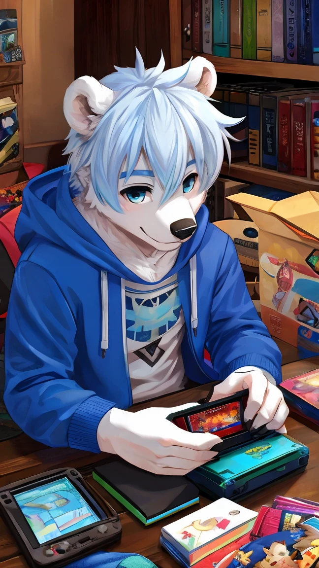 polar bear，Game master，otaku，Blue-white hair，In front of the game console，Blue hoodie
