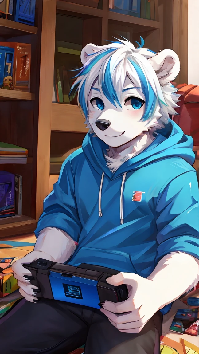 polar bear，Game master，otaku，Blue-white hair，In front of the game console，Blue hoodie
