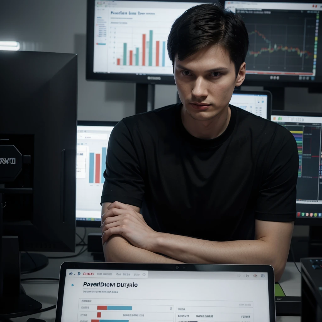 Realistic, pumped-up Pavel Durov, the creator of the Telegram messenger, in a black T-shirt sits in front of a monitor screen with a market chart in very good quality