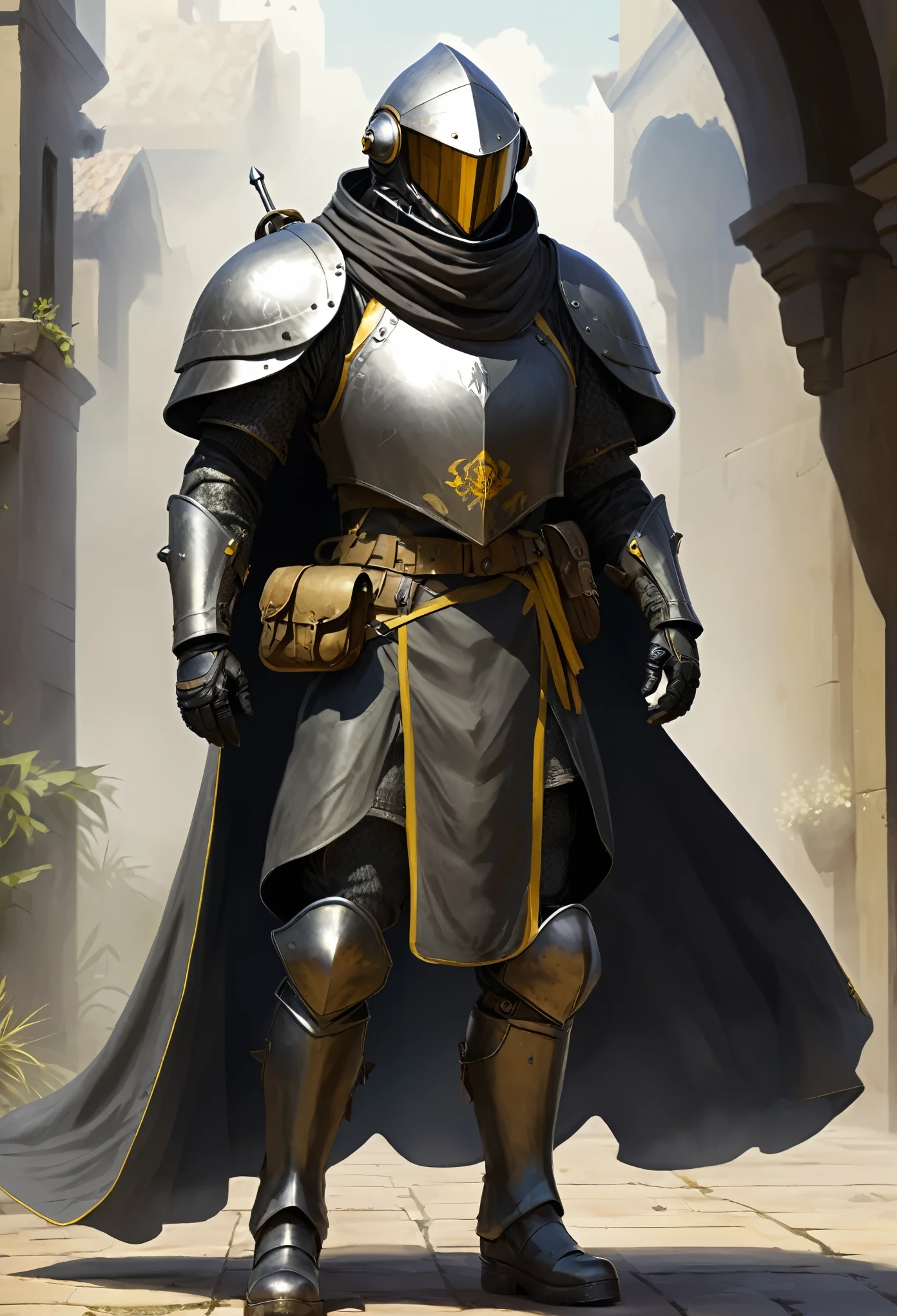 a special force suit nondescript soldier, helmet hides any indistinguishable features, carries a billowing cloak, medieval d&d art, game concept art, yellow embellishments, skull decorations, authoritarian vibe