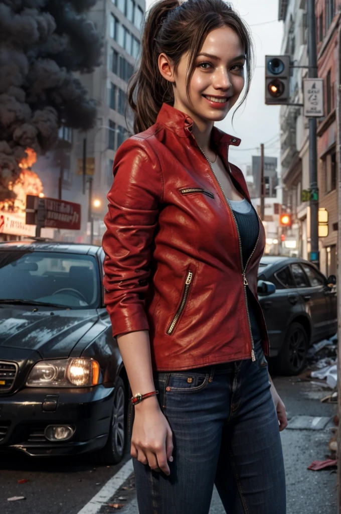 1girl, (realistic),(hyperrealism),(best quality),(masterpiece),(ultra high res),(photorealistic),idol,eye makeup,detailed eyes,detailed face,black dress, claireredfield2, brown hair, (red jacket:1.2), ponytail, (denim pants:1.3),,  red wristband, grey inner bra,,  abandoned street, burning cars in background, littered street, smoke, chaos, zombie apocalypse, daytime, sunny,,  flirting, looking at viewer, smiling, closeup shot