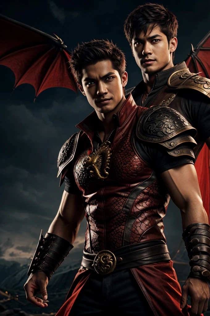 Human male character with dragon features , one red eye and one black eye , with fangs