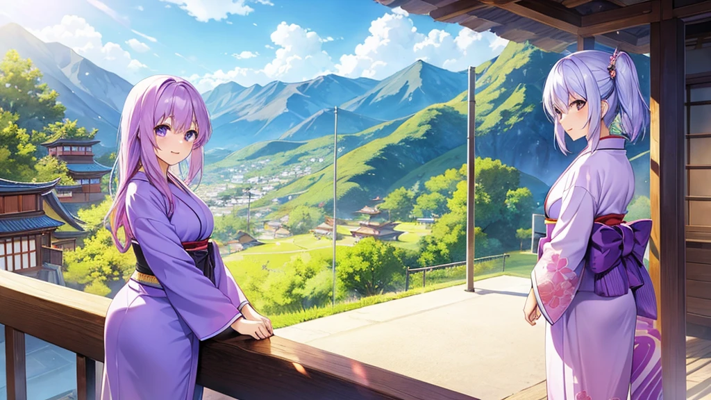 woman　clear　Light purple hair　　kimono　　Anime Style　　Mountain village
