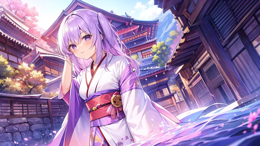 woman　clear　Light purple hair　　kimono　　Anime Style　　Mountain village

