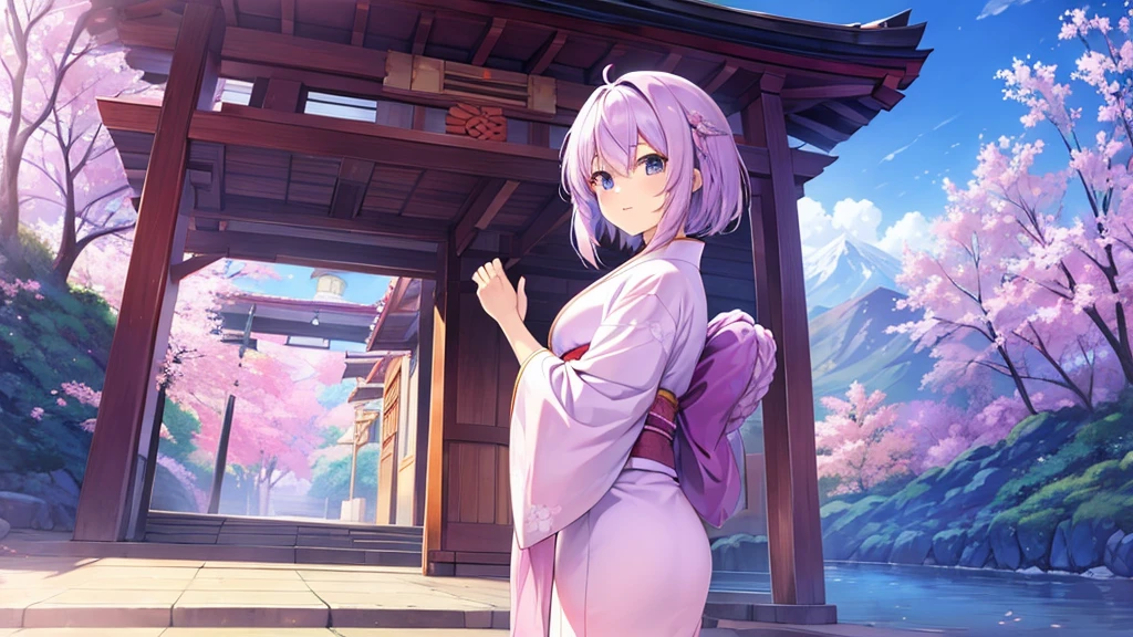 woman clear Light purple hair kimono Anime Style Mountain village
