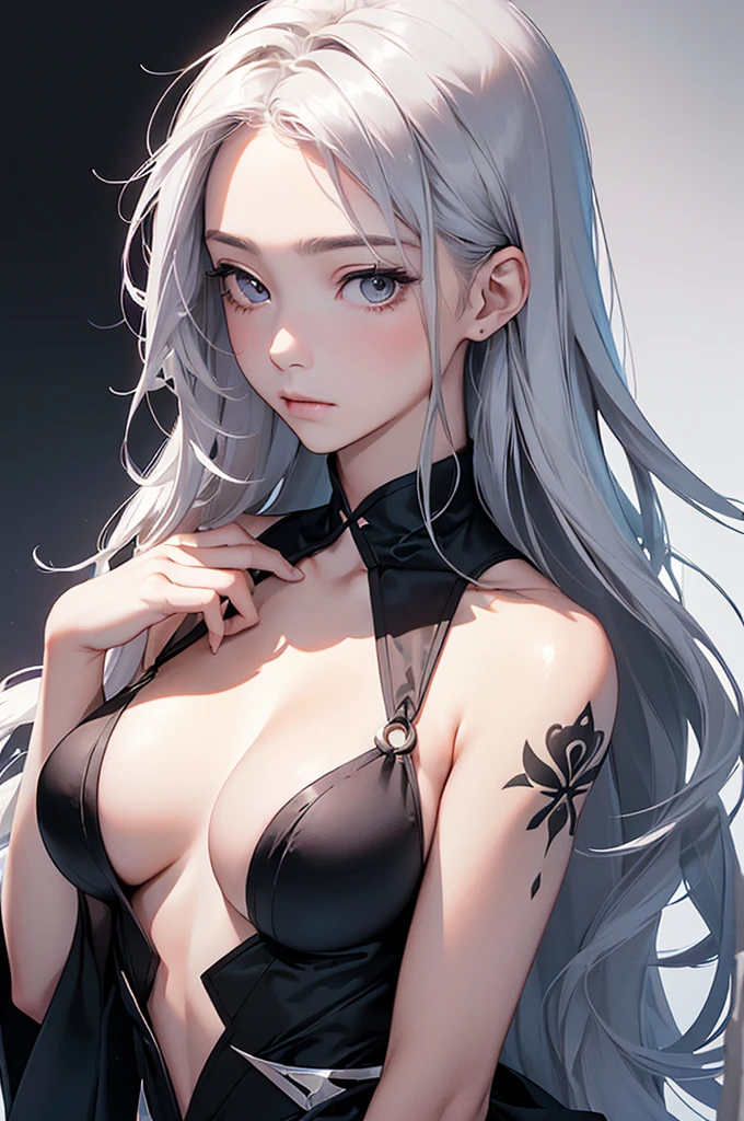 (Image from chest up:1.4)((masterpiece:1.5,Highest quality,Beautiful images、Realistic、2.5D、Artistic、Portraiture))(1girl, 独奏)(medium breasts, Silver Hair、long hair、Beautiful cleavage、sideboob、Exposing shoulders、Tattoo on shoulder)(横顔のPortraiture,Gaze sideways、Gaze diagonally、Shake your head、A sad expression, floating hair)(Monotone Abstract Background)((from diagonally forward:1.3)),Landscape,((outfit-inori,Monotone costumes))