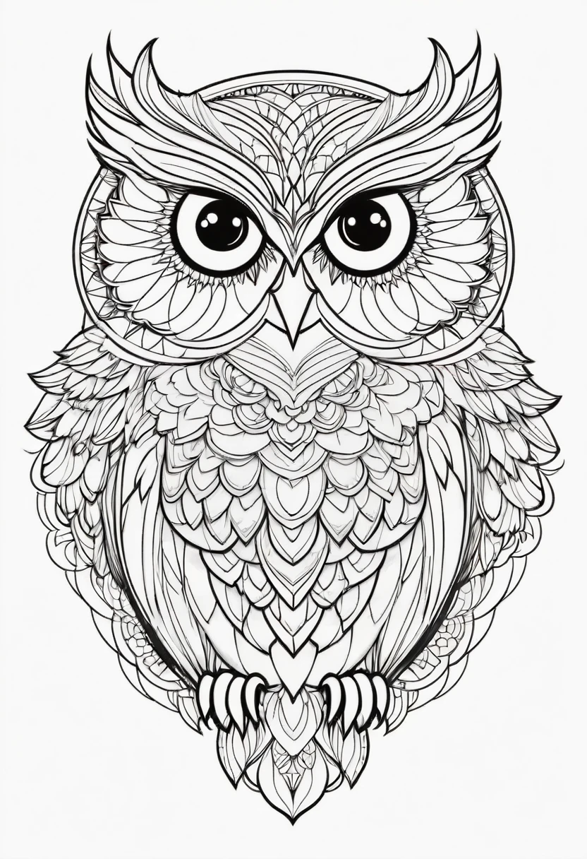 happy white and black owl, Simplified Mandala style, outline, vector, white background