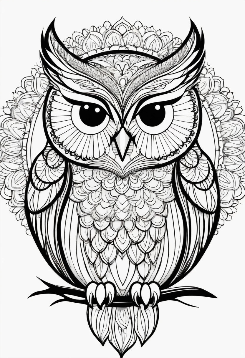 happy white and black owl, Simplified Mandala style, outline, vector, white background