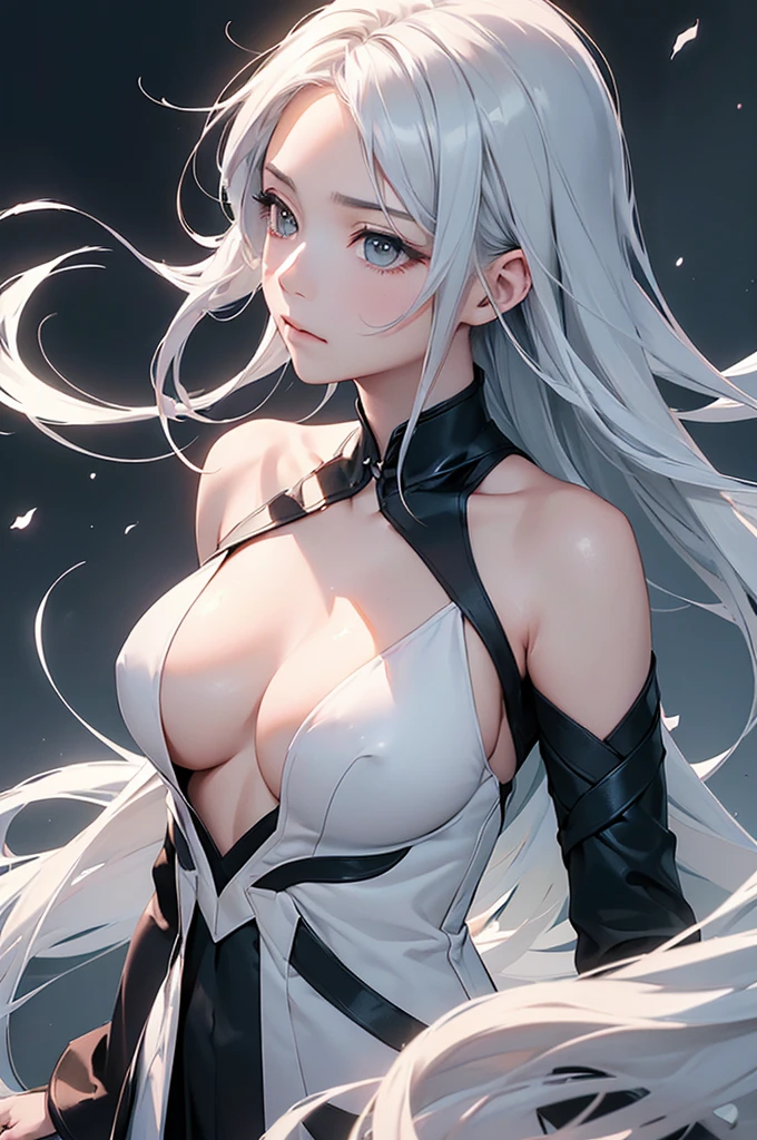 (Image from chest up:1.4)((masterpiece:1.5,Highest quality,Beautiful images、Realistic、2.5D、Artistic、Portraiture))(1girl, 独奏)(medium breasts, Silver Hair、long hair、Beautiful cleavage、sideboob、Exposing shoulders、Tattoo on shoulder)(横顔のPortraiture,Gaze sideways、Gaze diagonally、Shake your head、A sad expression, floating hair)(Monotone Abstract Background)((from diagonally forward:1.3)),Landscape,((outfit-inori,Monotone costumes))
