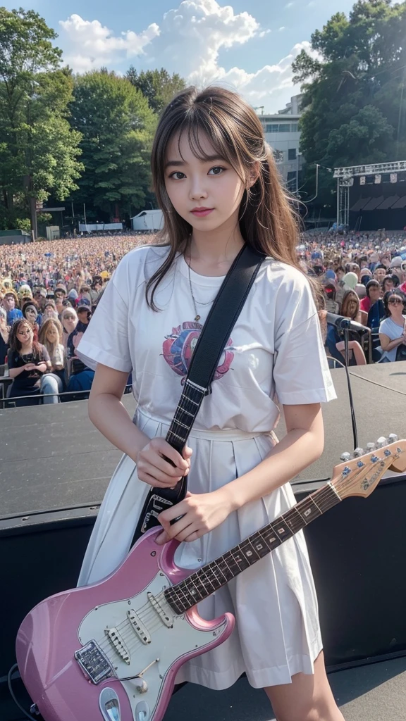 ((A beautiful girl playing an electric guitar on the outdoor stage at a school festival:1.2)), Daytime outdoor live performance, audience, Great success, (Table Top), (Highest quality, 8K, masterpiece:1.2, RAW Photos), (Realistic:1.2), Japanese, ( beautiful girl:1.2, Baby Face:1#39;s face), Stand with your feet apart, Thin thighs, Knee-high, (Cute tank top and mini pleated skirt:1.2, Panty shot:1.3), (Beautiful breasts, Fascinating Cleavage:1.3), Silky beautiful hair, Short pigtails, ((Detailed eyes and face:1.2, Professional photography techniques, Stage lighting)), (Detailed hands, A girl's small and beautiful hands:1.2),