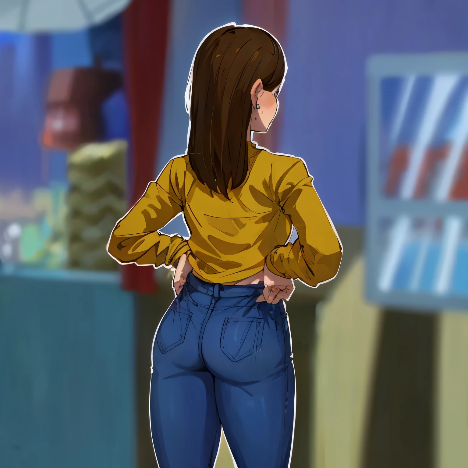Create a realistic, high-quality image of a young Latina woman with long, straight brown hair seen from the back. She is wearing a fitted yellow sweater and tight blue jeans, which she is adjusting with both hands on her waistband, highlighting her curves, rear, and thighs. The scene is set at night with light rain drizzling, and she is standing in front of a food stand. The background should be slightly blurred to keep the focus on the woman. The lighting should be soft and natural, with reflections from the wet surfaces adding a realistic touch. Emphasize the texture and fit of her clothing, the contours of her body, and the natural pose. Capture the essence of a realistic street scene at night, with the woman prominently highlighted in the foreground.