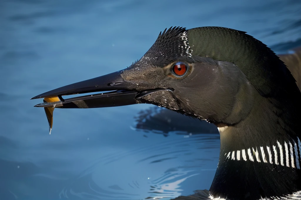 there is a bird with a Fish in its mouth in the water, Long, thick, shiny black beak, Close-up photos, author：Raymond Norman, Very sharp and detailed photos, By Jan Rustem, author：Jurgen von Hondberg, green head, very sharp photo, author Dietmar Damerau, The image is very clear and detailed, F/5.6
