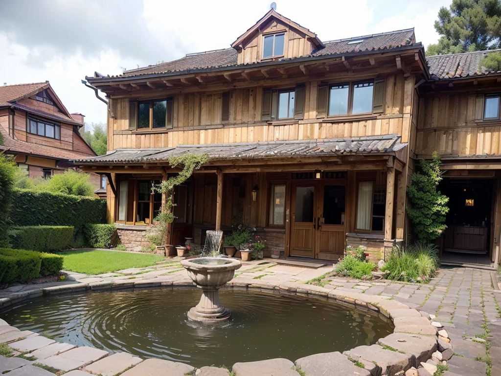 (((Masterpiece))), (high quality),(Small Western-style building,One-storey,Cobblestone garden:1.5),(Broken small fountain,There is no water coming out:1.2),(There is no one here:1.2),(Long Shot,Photograph the entire Western-style building:1.5)