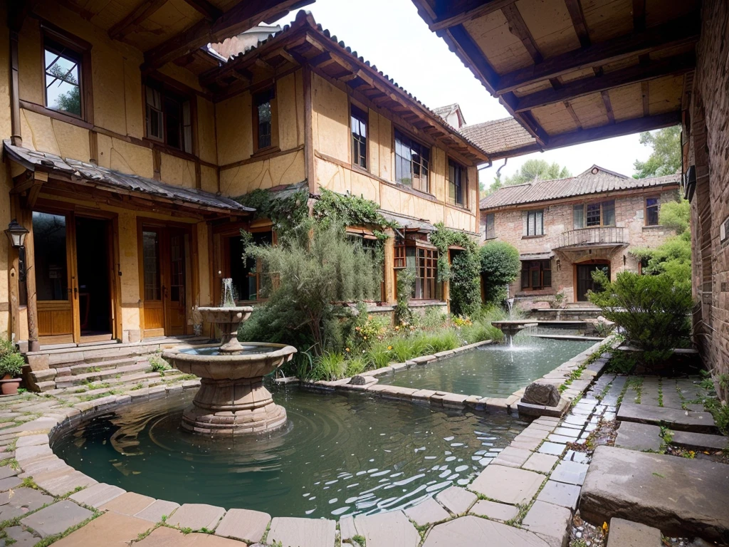 (((Masterpiece))), (high quality),(Small Western-style building,One-storey,Cobblestone garden:1.5),(Broken small fountain,There is no water coming out:1.2),(There is no one here:1.2),(Long Shot,Photograph the entire Western-style building:1.5)