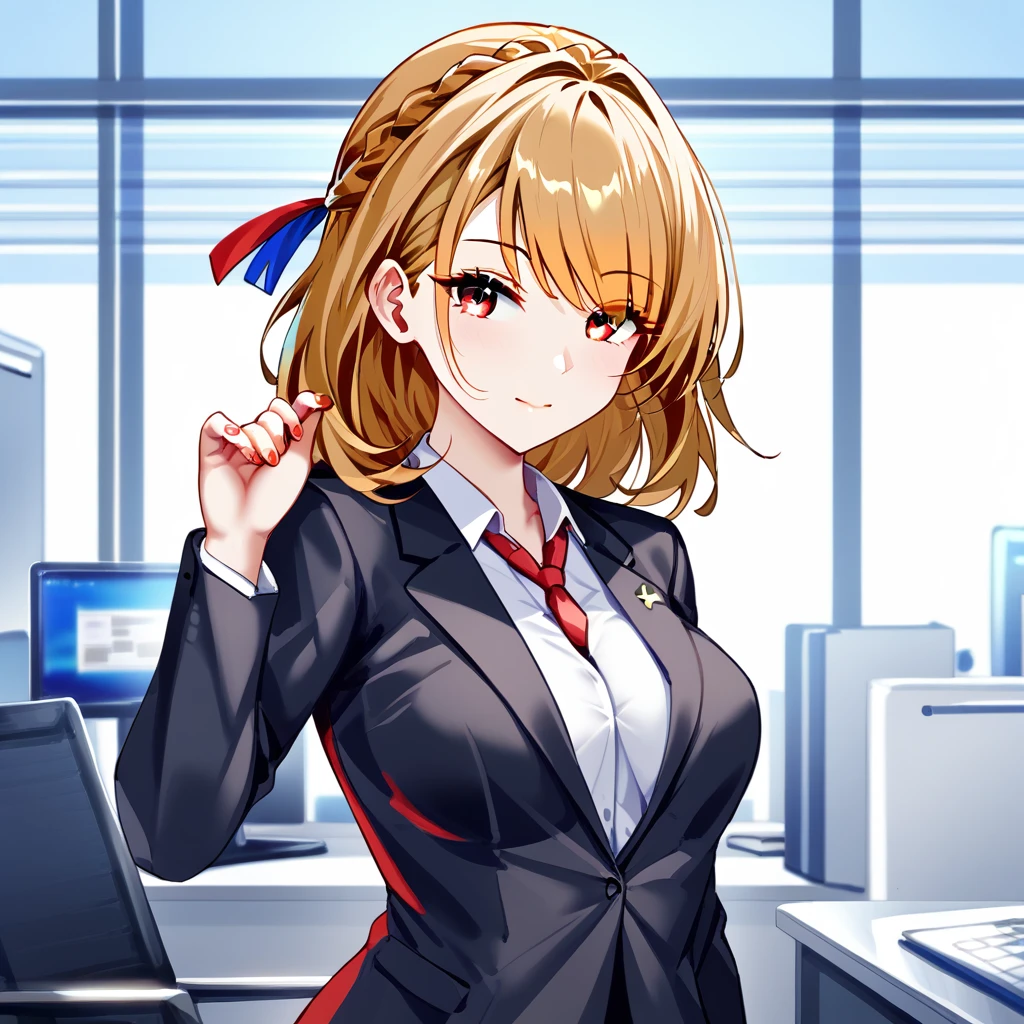 1girl, medium breasts, medium hair, (blond hair), french braid, red eyes, Office suit, ((sexy posing:1.5)), (sensual pose), Office, view the Watching, 