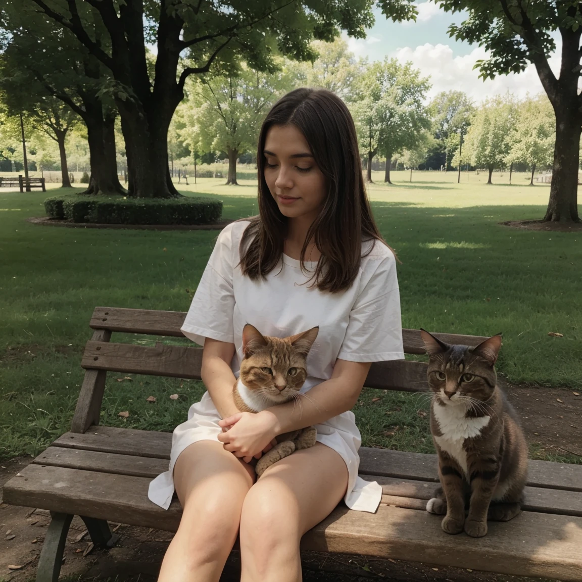 Lucie qui caresse un chat dans un parc