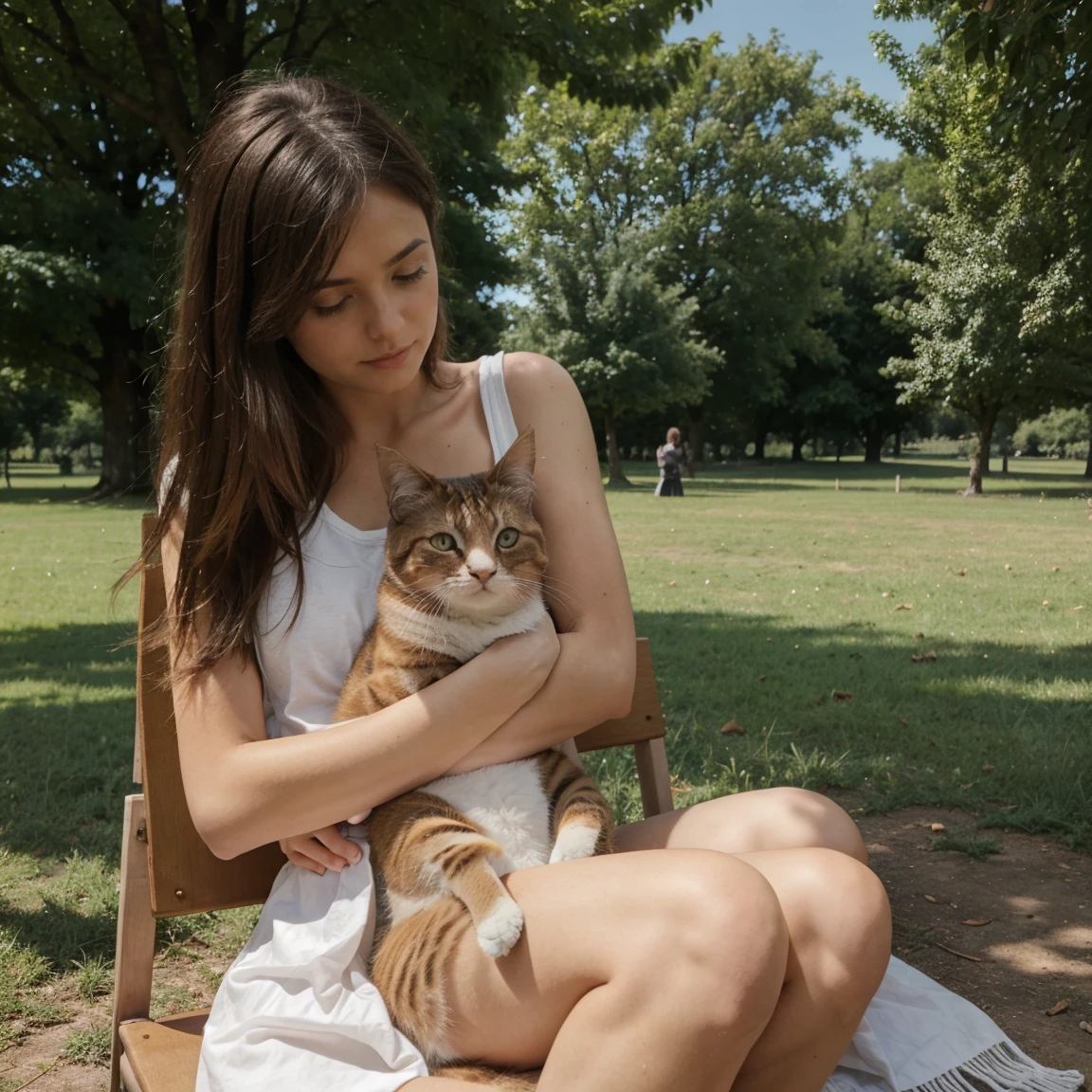 Lucie qui caresse un chat dans un parc