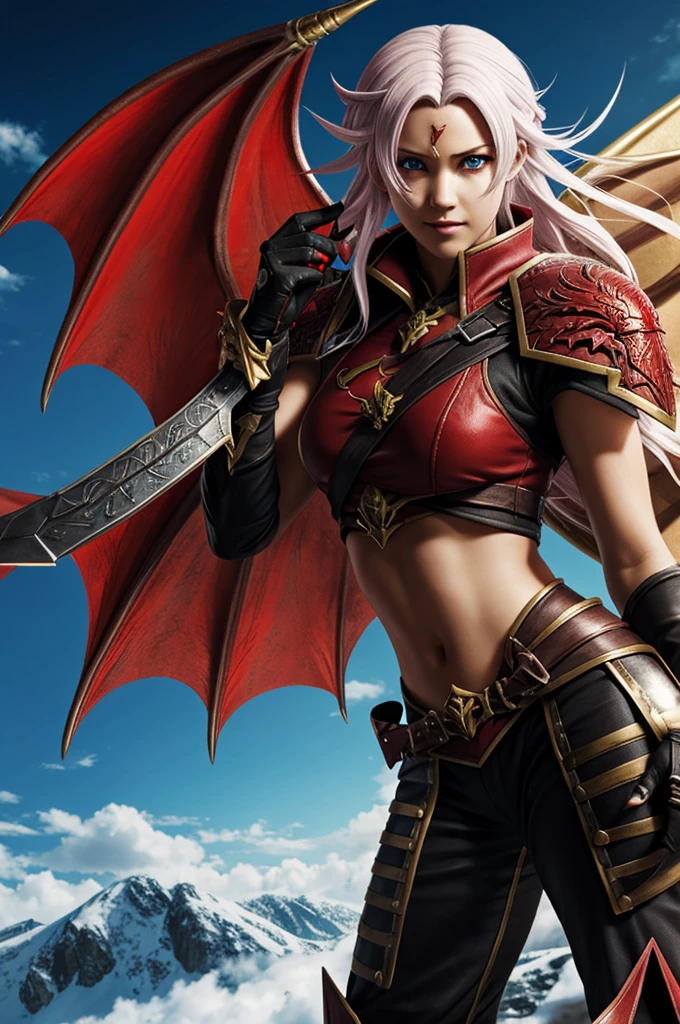 human fire emblem character with dragon features , one black eye another red eye , fangs and a clawed hand 