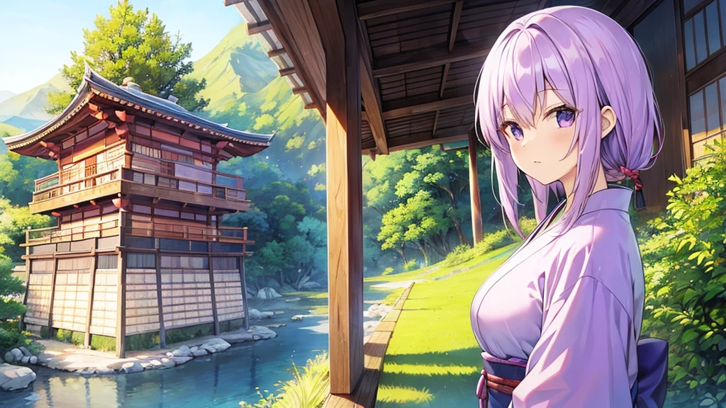 woman　clear　Light purple hair　　kimono　　Anime Style　　Mountain village
