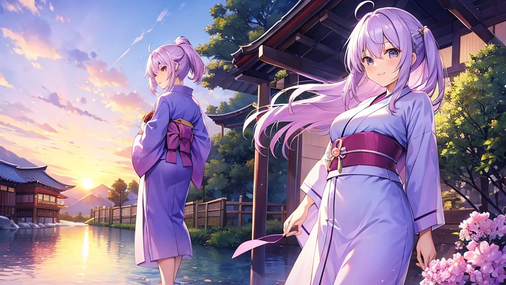woman clear Light purple hair kimono Anime Style Mountain village