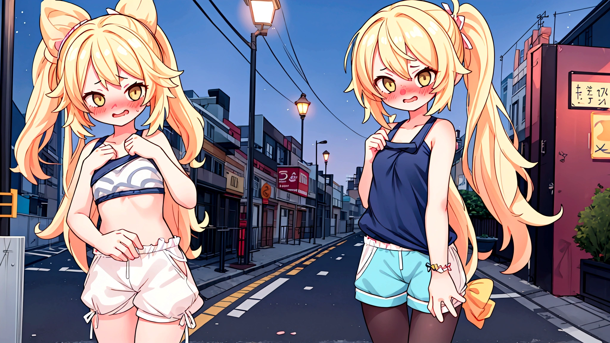 Browsing Caution,(One Girl:1.5),blonde,Very long hair、Messy Hair、Flat Chest,Tank top,Cut out,High leg shorts,pantyhose,(Perfect hands),(Perfect Anatomy),(masterpiece),(Highest quality),(Embarrassing:1.5),blush,Embarrassed laugh,Downtown at night,Backstreets,Street Light Information Topless