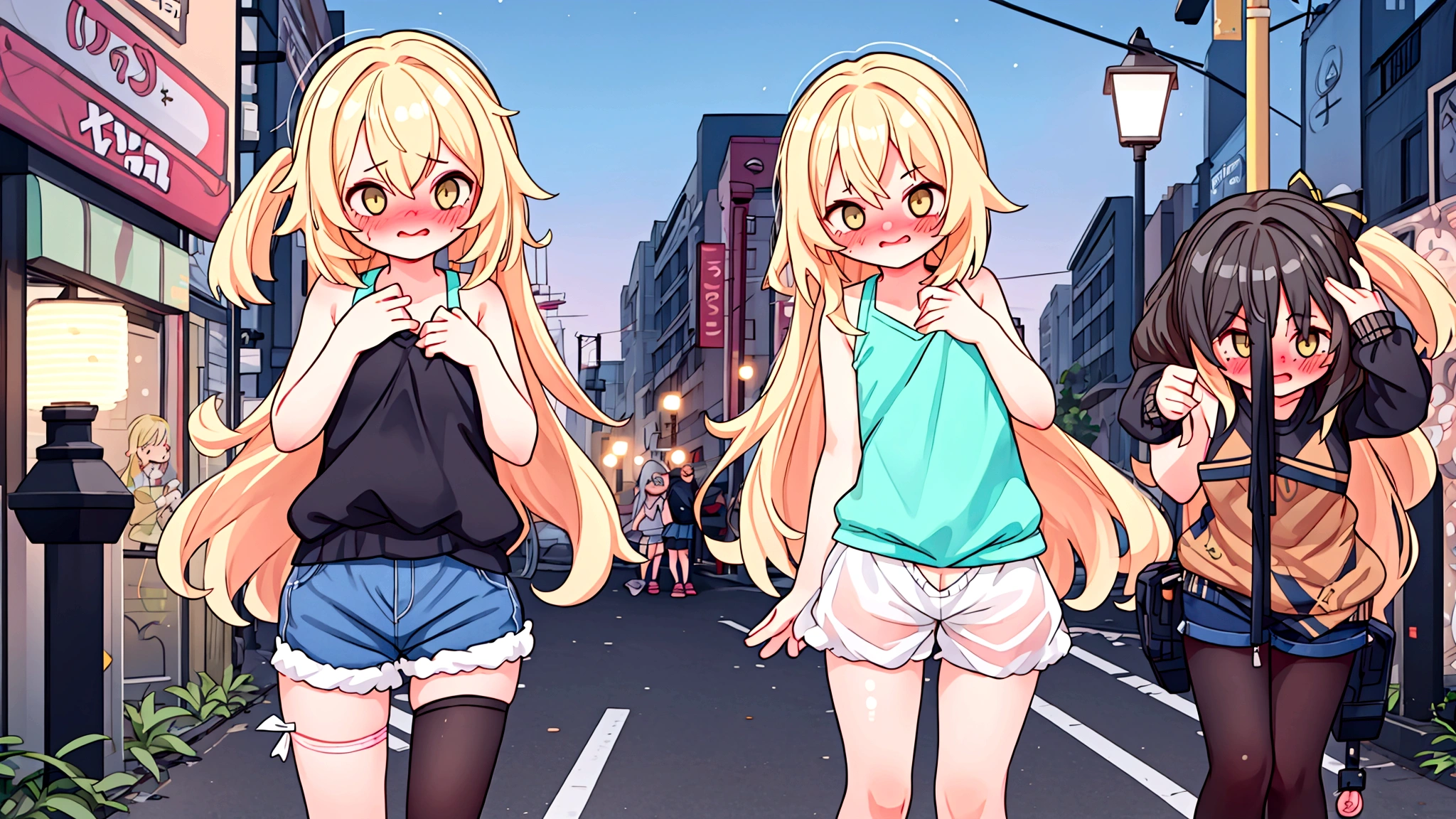 Browsing Caution,(One Girl:1.5),blonde,Very long hair、Messy Hair、Flat Chest,Tank top,Cut out,High leg shorts,pantyhose,(Perfect hands),(Perfect Anatomy),(masterpiece),(Highest quality),(Embarrassing:1.5),blush,Embarrassed laugh,Downtown at night,Backstreets,Street Light Information Topless