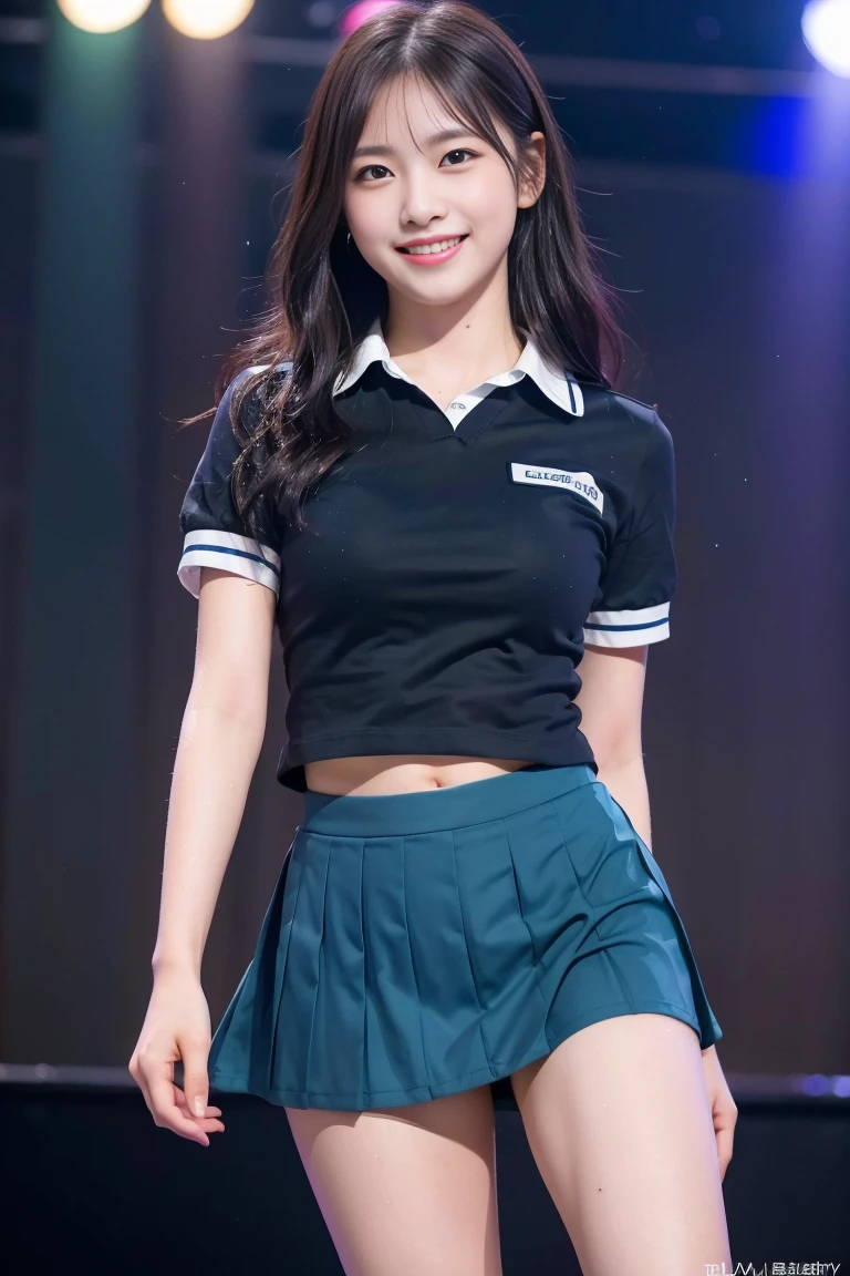 (8k), (highest quality: 1.2), (Realistic), (Realistic: 1.37), Ultra-high resolution, 1 girl, cute, (Embarrassed smile:1.2), (Blushing:1.4)Mouth closed, Beautiful details, Beautiful Nose, Wet Hair, Giant Dulcefo, pork, Thighs,Navel exposed,University Student Uniform,A simple ノースリーブシャツ,Pleated skirt,Platform boots,Dancing on the school stage,(Shiny Thighs:1.2),Medium Shot,Thick thighs,黒いニーハイタイツ
