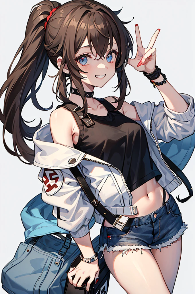 This character is a young girl with long brown hair tied in a high ponytail. She wears a white cap with a red symbol, a white tank top, a black sleeveless jacket, ripped denim shorts and black bracelets. She also has a gray shoulder bag. Her eyes are big and blue, and she makes a peace sign with her left hand, while smiling.