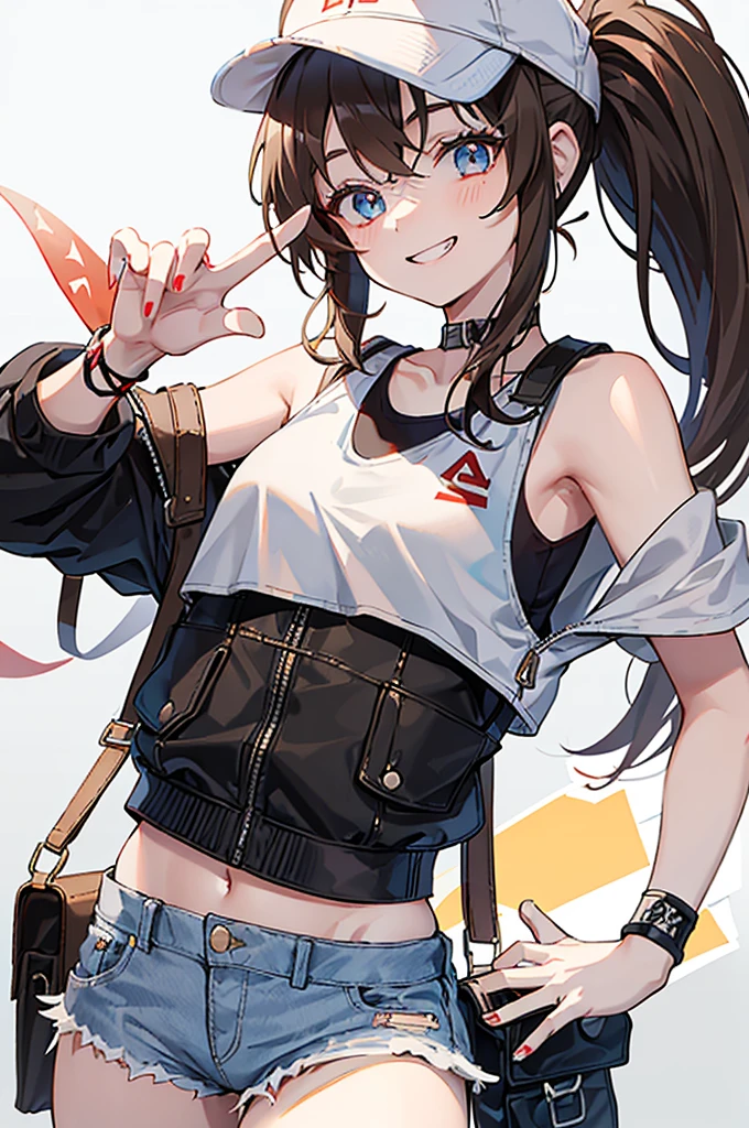 This character is a young girl with long brown hair tied in a high ponytail. She wears a white cap with a red symbol, a white tank top, a black sleeveless jacket, ripped denim shorts and black bracelets. She also has a gray shoulder bag. Her eyes are big and blue, and she makes a peace sign with her left hand, while smiling.
