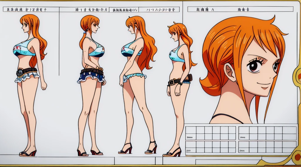 ((Best Quality)), ((Masterpiece)), (((detailed character sheet, frontal view, side view, three quarter view))) white background、one piece、US、whole body、whole bodyイラスト、whole bodyアニメーション、whole bodyリファレンスシート、High heels、Swimwear、Bikini、original、New World、Long Hair、Orange Hair、Tattoo on left arm、Ring belt、Heighten your head、smile、Cute face、Big Breasts、Narrow waist、Long legs、Beautiful feet、9 heads tall、thong