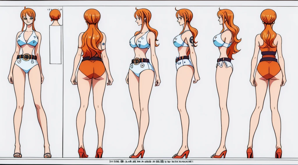 ((Best Quality)), ((Masterpiece)), (((detailed character sheet, frontal view, side view, three quarter view))) white background、one piece、US、whole body、whole bodyイラスト、whole bodyアニメーション、whole bodyリファレンスシート、High heels、Swimwear、Bikini、original、New World、Long Hair、Orange Hair、Tattoo on left arm、Ring belt、Heighten your head、smile、Cute face、Big Breasts、Narrow waist、Long legs、Beautiful feet、9 heads tall、thong