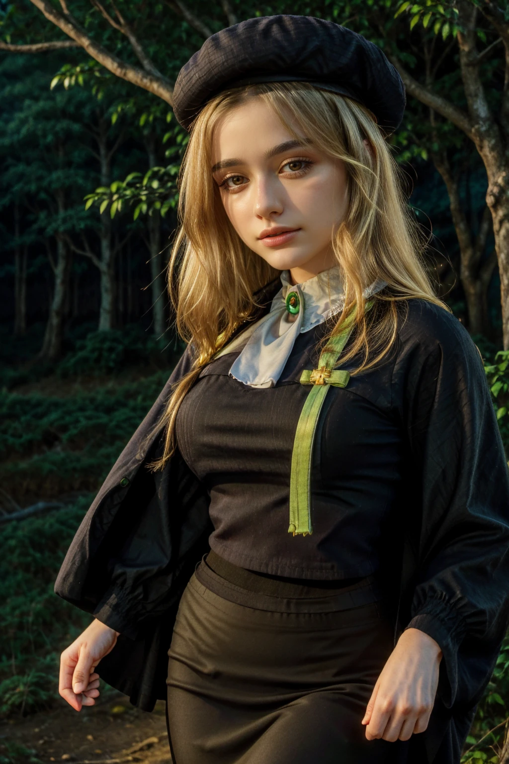 1 girl, best quality, ((Miyo)), tarankaaa, NOT DASHA TARAN, perfect face, beautiful smile, 30 years old, ((ascot, uniform, black skirt, cross, ribbon, gold blonde hair, emerald, beret, cape, pantyhose, shirt cover til hips, long shirt)), ((perfectly drawn hands)), perfect body, bare tree, bush, fog, forest, grass, nature, outdoors, plant, scenery, solo, standing, tree, 32k photograph, ((perfect eyes, detailed eyes,realistic eyes)), ((sharp face, detailed face, realistic face, natural skin, realistic skin, detailed skin, pores)), full body, tone mapping, asian-european, ((masterpiece)), ((highres)), ((detailed background)), japanese village background, night, big proportions,