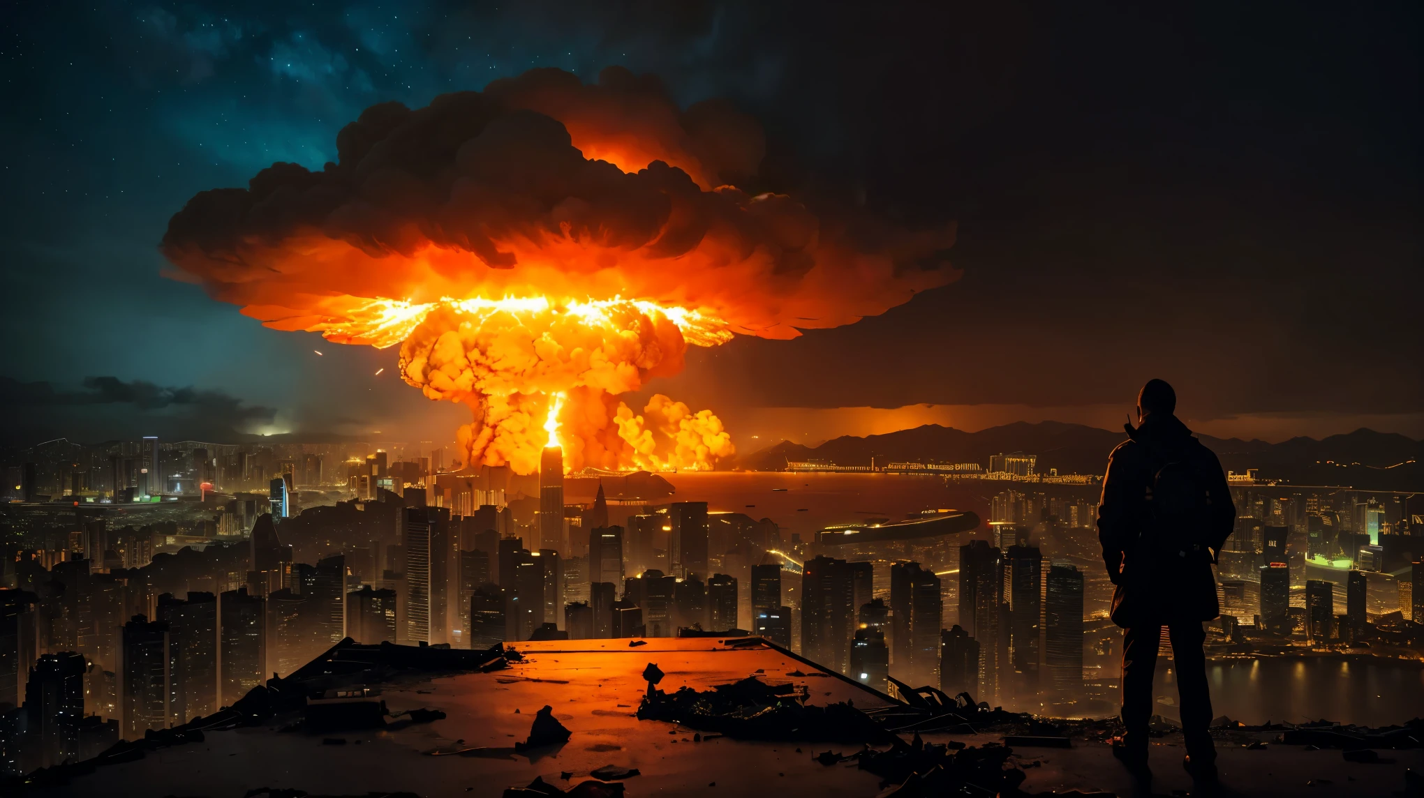 1 single bright gigantic nuclear explosion with mushroom cloud at Kowloon, explanding shockwave, Desolate wreckage, apocalyptic, city in ruined, dark night time, masterpiece, highest quality, Surrealism