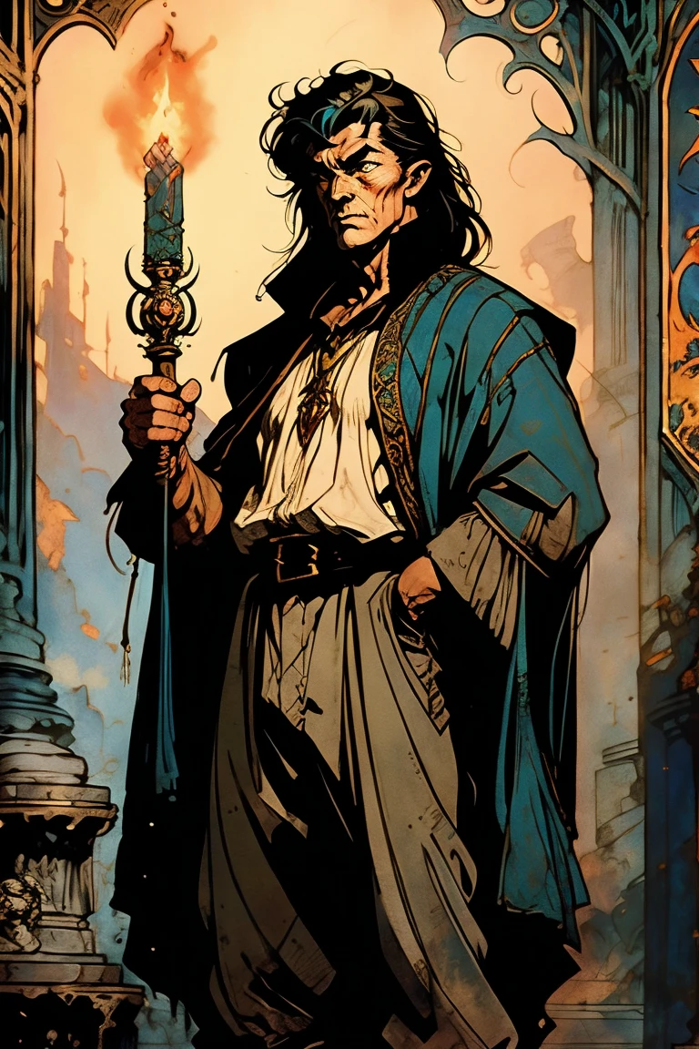 1male Old wizard inspired by DnD, Tolkien, art by frank frazetta, by Lovecraft, dark fantasy like Diablo 2