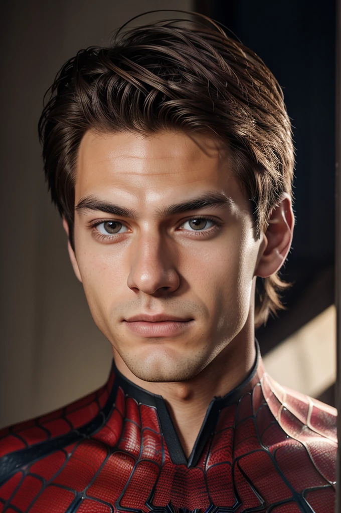 A photograph of spider man, no mask, 20 yo, handsome, detailed face, looking at camera, portrait, 8k uhd, high quality