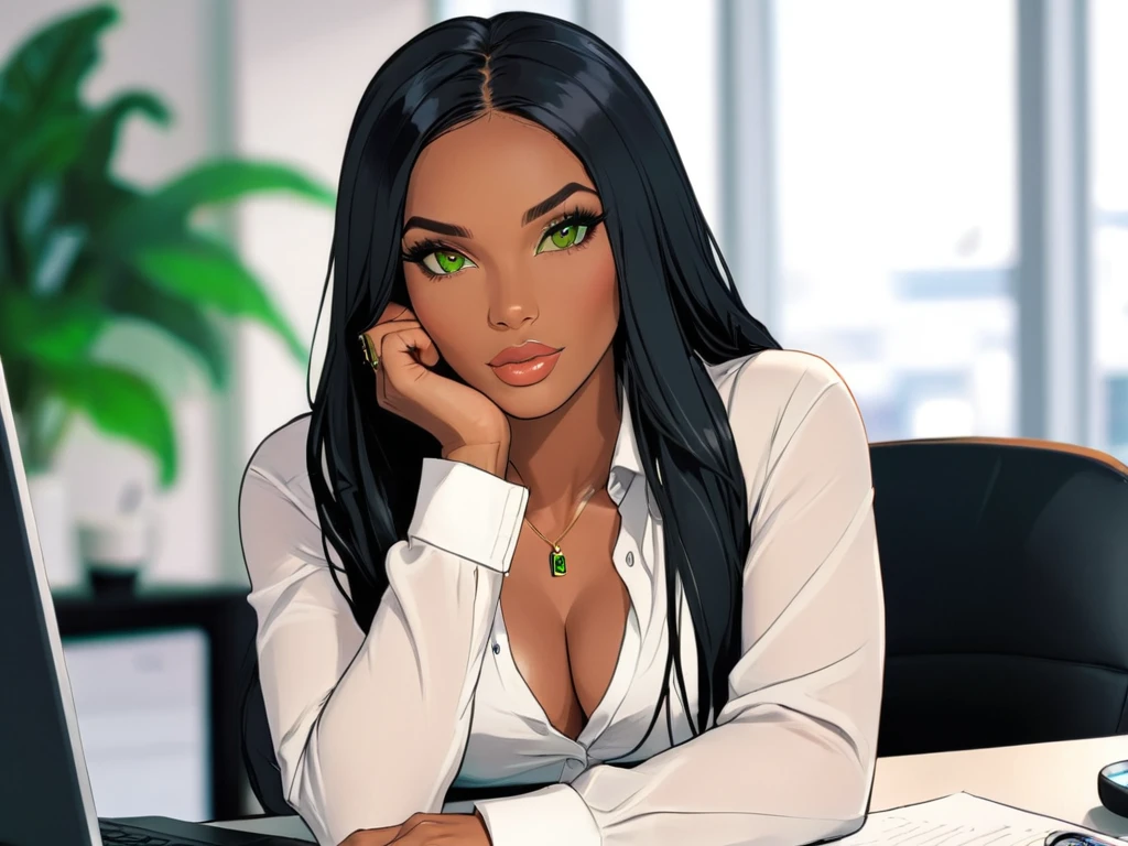 Female Jamaican, insta model, athletic, green eyes, long black hair, white shirt, sat at desk, drinking coffee, office