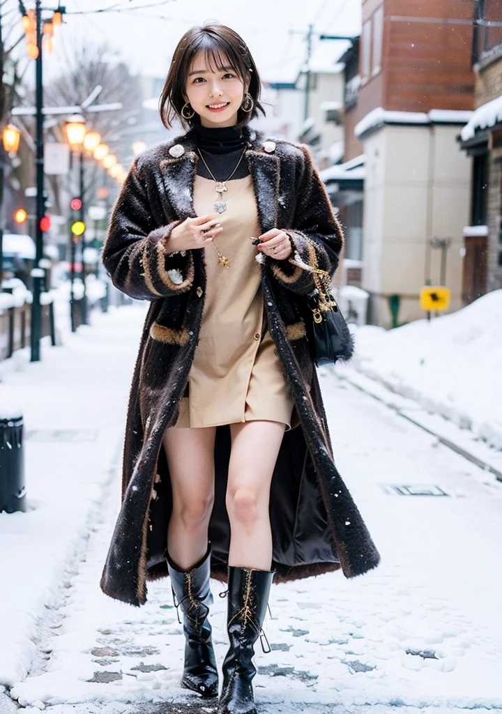 Night city illumination shot、Cowgirl Shot、Fur coat、豪華なグレーのミンクのFur coat、Wear fine leather boots、Luxury Bags、Inner turtleneck、Silver necklace and small silver earrings Millionaire style:1.4））、Full body photo、smile、 Caustics、Highly detailed photos、Very beautiful woman 、Ample breasts、No makeup、(8K、RAW Photos、Highest quality、masterpiece:1.2)、(Realistic、Realistic)、1 Girl、((Medium Short Hair、Midwinter、Cold region Snow falling、The wind is blowing、Fluttering Hair、Blur the background、Colorful illuminations、Looking into the camera:1.4))、
