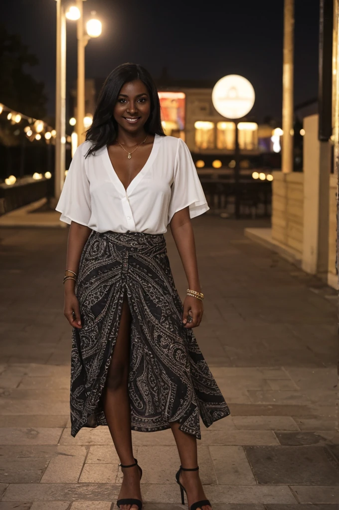 Asha, 1girl, solo, (((Ebony))), (((Dark skin))), (((SFW))), (((non-explicit))), 30 years old, (mature), wearing white printed blouse and Cardigans and Maxi Skirts, upper body shot, smiling, upper body and upper legs, medium long hair, outside Town Squares at night
