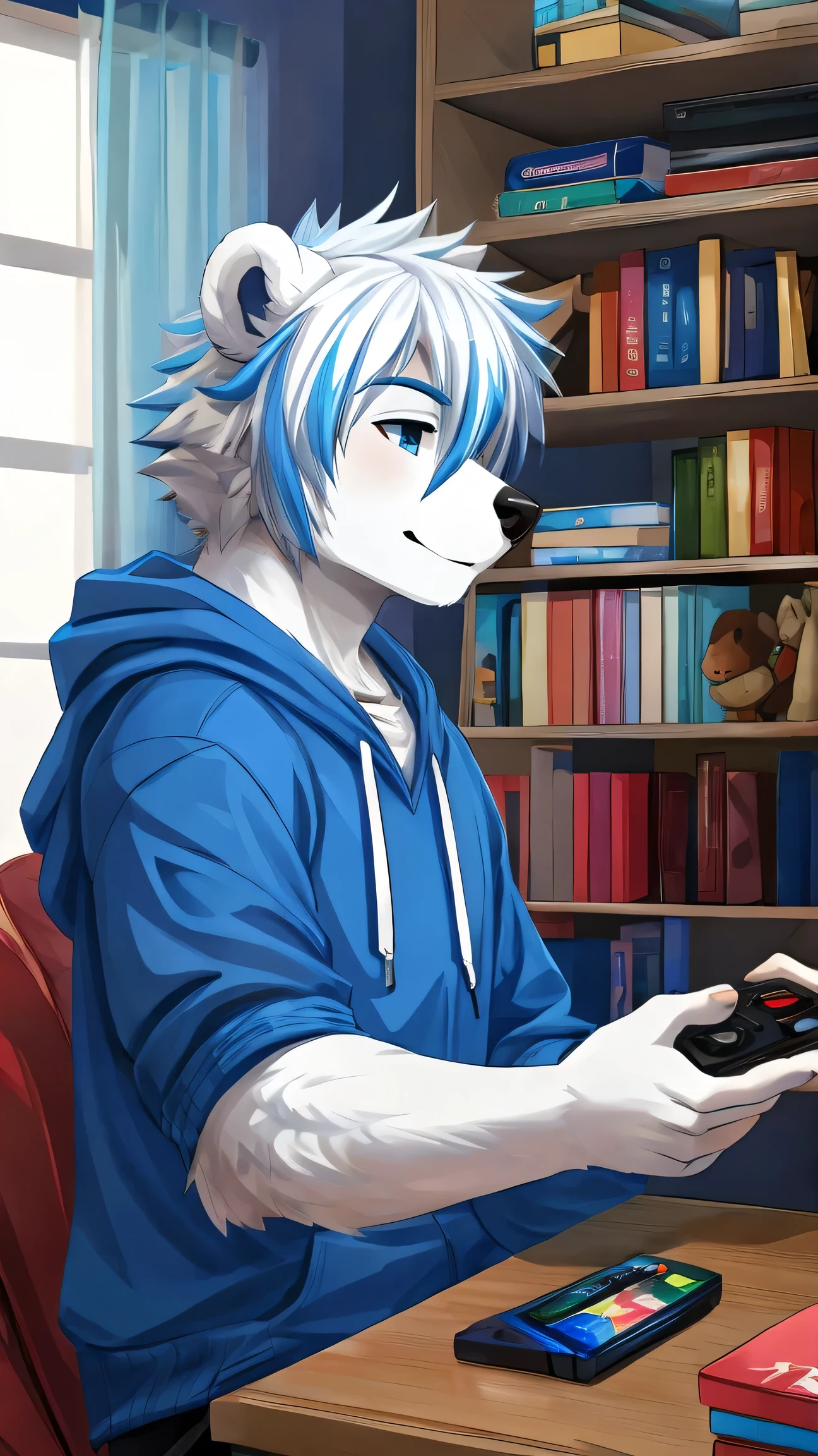 polar bear,Game master,otaku,Blue-white hair,In front of the game console,Blue hoodie