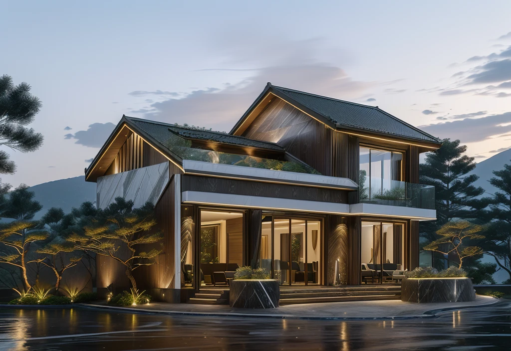 3D render of a beautiful house, Dark, gray tones, white wall. lumion render, night time render, insanely detailed rendering, realistic architecture, architectural visualization. The staircase leading into the house is tiled with black marble and has bright LED lights. Behind are hills and mountains with clear blue sky. The house with a large porch to sit and drink tea and LED lights, there is a large patio with a waterfall and a pond, pine trees, grass, garden stones, roses. balcony with green plants. The main door is made of black aluminum and glass reaching up to the ceiling. Looking through the glass windows to look inside the house with luxurious interiors with luxurious and warm lights, interior lighting rendering and lighting effects. marble and wood and glass, dark and modern, luxcore render, taken with professional photography techniques, using a wide angle lens with bright natural light and high resolution details, in the style of professional photograph, hyper realistic, highly detailed.