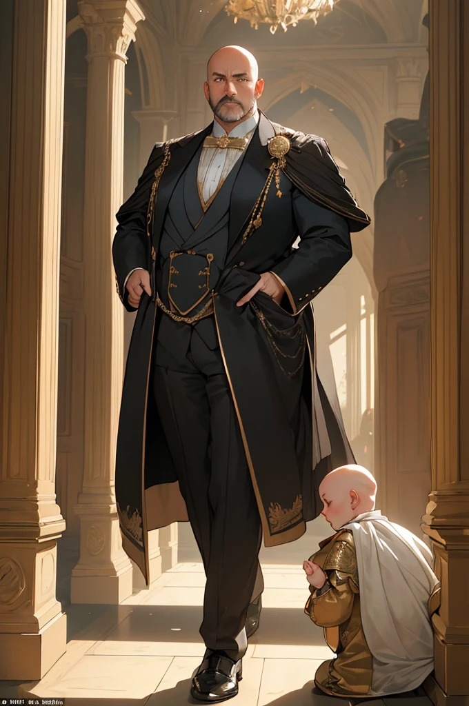 (masterpiece, highest quality), Opposite him stood an older man, whose sheer presence seemed to fill the hall. Bald and heavily fat, his corpulent frame was draped in luxurious fabrics that struggled to contain his bulk. His clothes, though equally noble, bore the marks of one accustomed to indulgence and excess. Despite his age and size, his eyes shone with a cunning wisdom, and his deep voice resonated with the echoes of countless secrets and strategies.
Dialogue in the Castle Hall
The two men engaged in a tense conversation, their contrasting figures stark against the backdrop of the castle’s grandeur. The young noble’s sharp gaze met the older man’s shrewd eyes, each word exchanged heavy with unspoken meanings. The hall, with its high vaulted ceilings and ornate decorations, seemed to listen in on their dialogue, a silent witness to the unfolding power play.