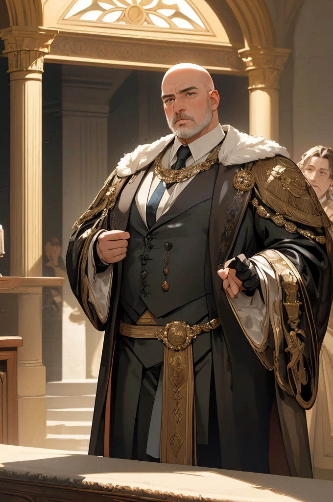 (masterpiece, highest quality), Opposite him stood an older man, whose sheer presence seemed to fill the hall. Bald and heavily fat, his corpulent frame was draped in luxurious fabrics that struggled to contain his bulk. His clothes, though equally noble, bore the marks of one accustomed to indulgence and excess. Despite his age and size, his eyes shone with a cunning wisdom, and his deep voice resonated with the echoes of countless secrets and strategies.
Dialogue in the Castle Hall
The two men engaged in a tense conversation, their contrasting figures stark against the backdrop of the castle’s grandeur. The young noble’s sharp gaze met the older man’s shrewd eyes, each word exchanged heavy with unspoken meanings. The hall, with its high vaulted ceilings and ornate decorations, seemed to listen in on their dialogue, a silent witness to the unfolding power play.